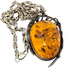 Alluring Large 1960s Sterling Silver Natural Baltic Freeform Amber Necklace