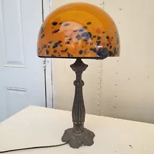 Art Nouveau Table Lamp Bronze Base/Hand- Brown ,Glass Shade Orange Mixted