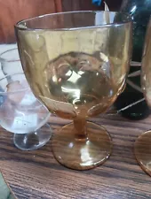 Beer Goblets (2) Stemmed Thumbprint pattern heavy thick clear w/ a hint of gold