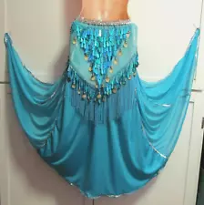 Belly Dance Costume 2 pc - Skirt & Hip Scarf / Wrap- Turquoise Blue Silver Trims