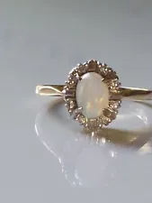 Vintage 18ct Yellow Gold Natural Solid Opal & Diamond Halo Cluster Ring Size N