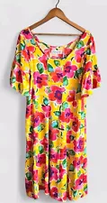 Vintage Jams World Dress Women's Large Yellow Floral Tropical Print Midi Tie