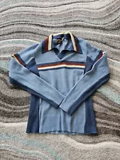 Vintage 70s Polo Shirt Womens Small Blue Striped Prep