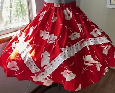 Red Hawaiian Print Lacy Square Dance Skirt Large/XL Elastic Waist 30"-46" L24"