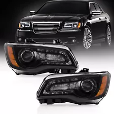 For 2011-2023 Chrysler 300 Black LED DRL Projector Headlights Driver & Passenger