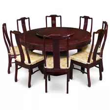 US SELLER - Dark Cherry Rosewood Longevity Round Oriental Dining Set 8 Chairs