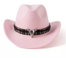 Light Pink Western Cowboy, Cowgirl Hat, Bull Strap, Women Retro Wide Brim