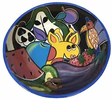 Costa Rican Folk Art Pottery Fruit Bowl Hand Painted Jungle Animals Signed PeFi