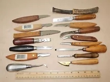 Lot of 16 vintage used wood carving tools knives and chisels