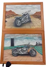 Tim Graham Harley Davidson 2 Motor Bike Paintings Framed 1996 Charity Sale