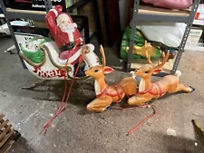 Vintage 1970 Empire Santa Sleigh 2 Reindeer Blow Mold Plastic Lighted Christmas