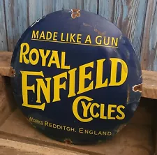 Rare ROYAL ENFIELD CYCLES "Made Like A Gun" Porcelain Metal Sign Motorcycle