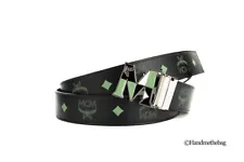MCM Claus Smooth Visetos Logo Black Loden Frost Leather Reversible M Buckle Belt