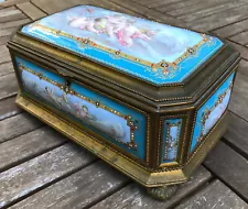 Antique 19c Sevres ? Painted Decorated Porcelain Box Casket Flowers Cherubs 10x6