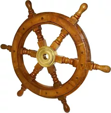 18" Wooden Ship Steering Wheel Nautical Pirate Decor Wood Brass Fishing Boat new