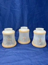 ANTIQUE REVERSE PAINTED Frosted Satin Glass LAMP SHADES Set Of (3) 2 1/4" Fitter