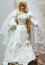 OOAK for BARBIE VINTAGE STYLE CROCHET BRIDAL WEDDING GOWN w/ VEIL & BOUQUET