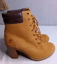 Timberland Tillston High Heel Wheat Leather Boots A4534 Women's Sz 5.5 EXCELLENT