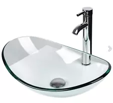 Boat Shape Bathroom Glass Vessel Sink with Chrome Faucet and Pop-up Drain