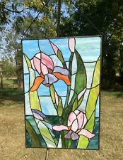 Vintage Handmade Stained Glass Sun Catcher Floral 16”x11”