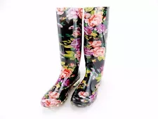 Rain Boots For Women & Girls ~ Cheng's Easy USA, Black w/Colorful Floral Pattern