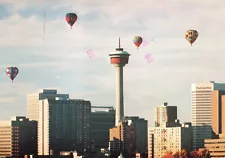 Postcard Canada Alberta Calgary Downtown Hot Air Balloons Tower Clouds Winds