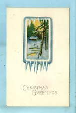 Embossed, "CHRISTMAS GREETINGS", Snow covered Cottage, Creek thru Window...