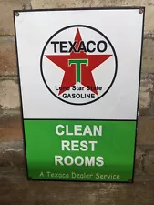 VINTAGE TEXACO CLEAN RESTROOMS PORCELAIN GAS STATION PUMP MOTOR OIL SIGN 12"X8"