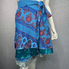 Reversible Wrap Skirt Dress Sari Colorful Upcycle Boho Indie Womens Convertible