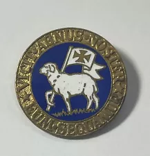 VINTAGE ENAMEL PIN LAMB OF GOD W FLAG OF VICTORY R LAMB HAS CONQUERED FOLLOW HIM