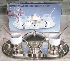 Silver Plated Coffee/Tea Set, 2 white cups & Holder, Sugar Bowl, Tray, Spoons