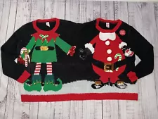 Holiday Time Double Ugly Christmas Sweater Wear with a Friend Santa and Elf New