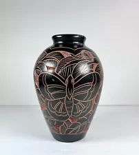 Folk Art Vase Costa Rican Hand Etched Ceramic Pottery Monkey and Moth Brown