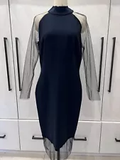 Pamella Roland navy dress couture Size 8 cocktail sheer mesh panels SAMPLE SALE