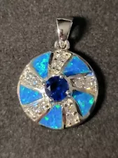 Blue Sapphire & Australian Opal Inlay 925 Sterling Silver Pendant Jewelry 2424