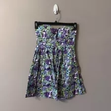 Purple blue and green strapless floral dress - feathers - medium