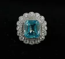 Excellent Aquamarine Emerald Cut Vintage Engagement Women's Ring In 935 Silver