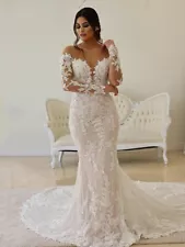 Lace Wedding Dress Mermaid Illusion Long Sleeve Sheer Neck Appliques Bridal Gown