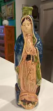 Vintage Mexican Our Lady Guadalupe Hand Painted Pottery Holy Water Bottle