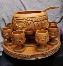 Large Hand Carved Island Solid Wood Lazy Susan Punch bowl W/10 Cups ESTATE SALE