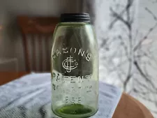 Old Lime Citron Green Mason's CFJ Patent 1858 1/2 Gallon Fruit Canning Jar Nice