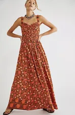 Free People Glow Up Maxi Dress Floral Mix Print Orange Pink Smocked Top XS NWT