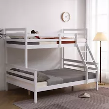 Modern Wood Twin Over Full Bunk Beds Frame Ladder Guardrail Kids Bed Bedroom