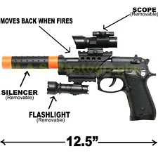 Black Gun Toy With Flashlight, FX Sounds, M9 Police Pistol, 13 Inches