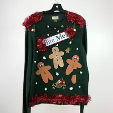 Ugly Christmas Sweater Men's sz L Gingerbread "Bite Me" Funny Naughty Crafted