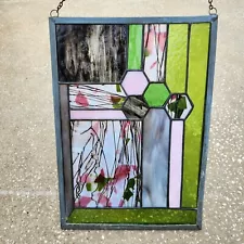 READ Vintage Stained Glass Hanging Window Panel Abstract Geometric Shape Art