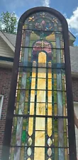 Two Antique Ornate Stained/Leaded Glass Panels 31" x 142" in Oak Frames