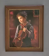 Vintage European Oil on Canvas Painting Portrait "Crying Boy with Violin" Framed