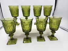 Vintage Indiana Pressed Glass Mt Vernon Avocado Green Goblets 51/4" Tall Set 8