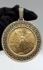 1947 Centenario Mexican 24K Gold Coin 14K Yellow Frame Diamond Pendant 50 Pesos